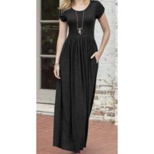 Matilda Jane Night Owl Maxi Dress Womens Medium Button Tab Sleeves Pockets Black
